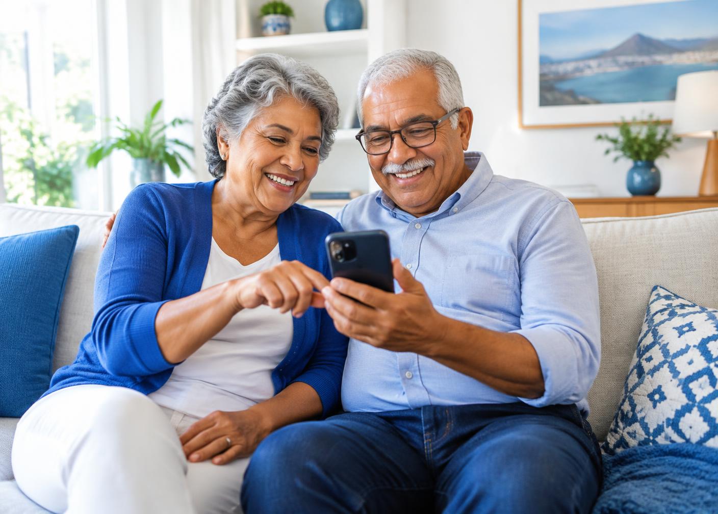 Casal de idosos usando um celular juntos